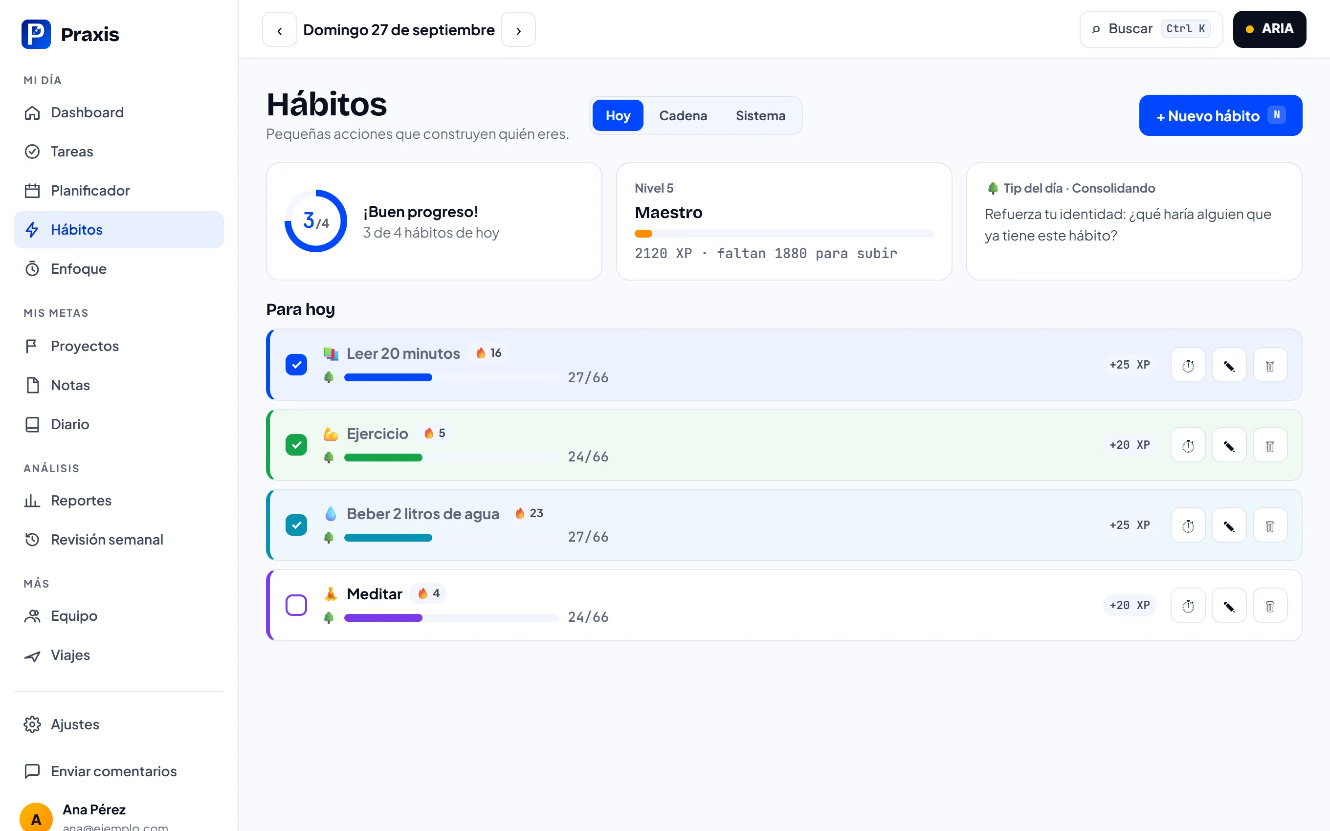 Hábitos del día con rachas, progreso y nivel de experiencia