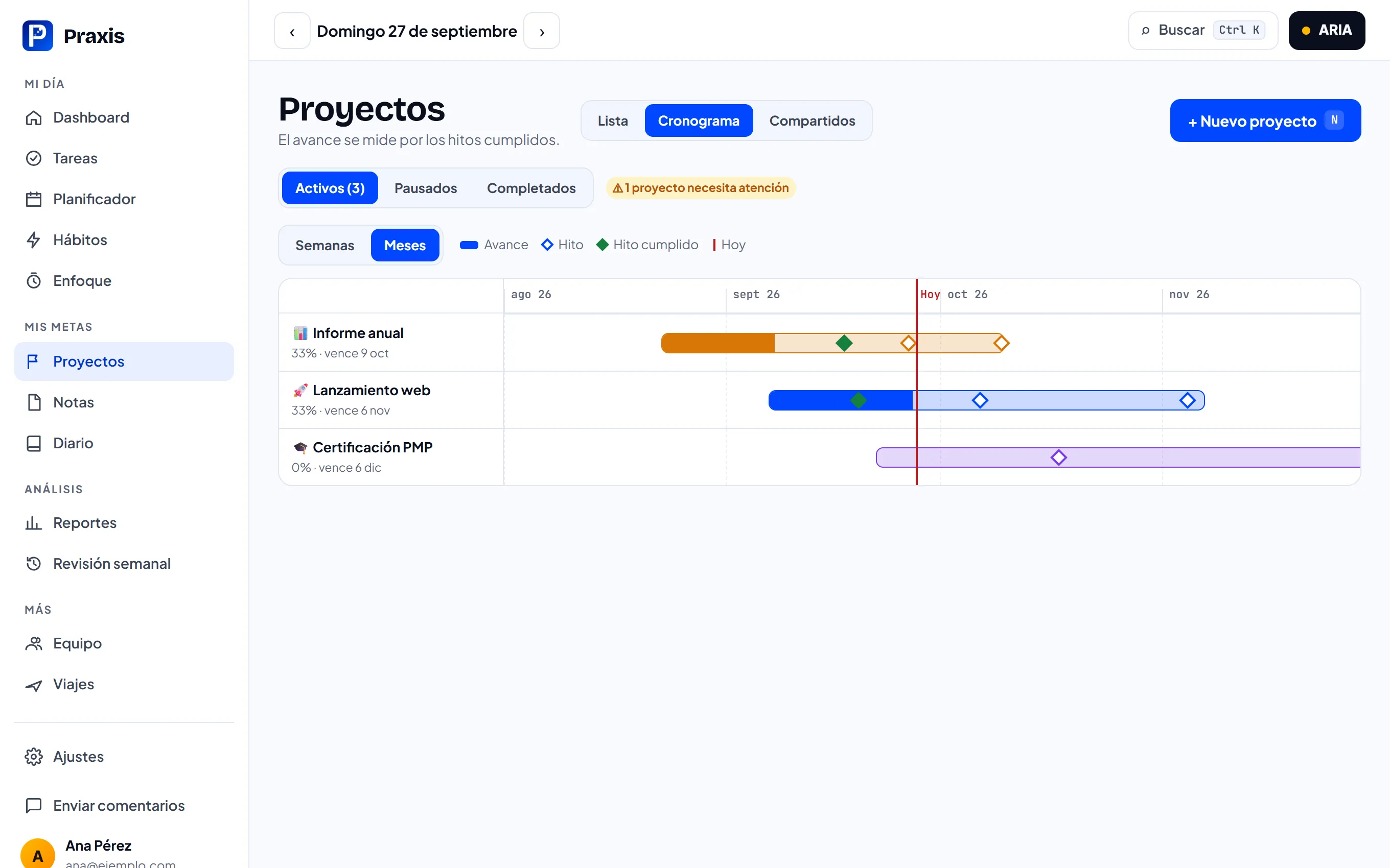 Cronograma de proyectos con barras de avance, hitos cumplidos y pendientes, y la línea de hoy