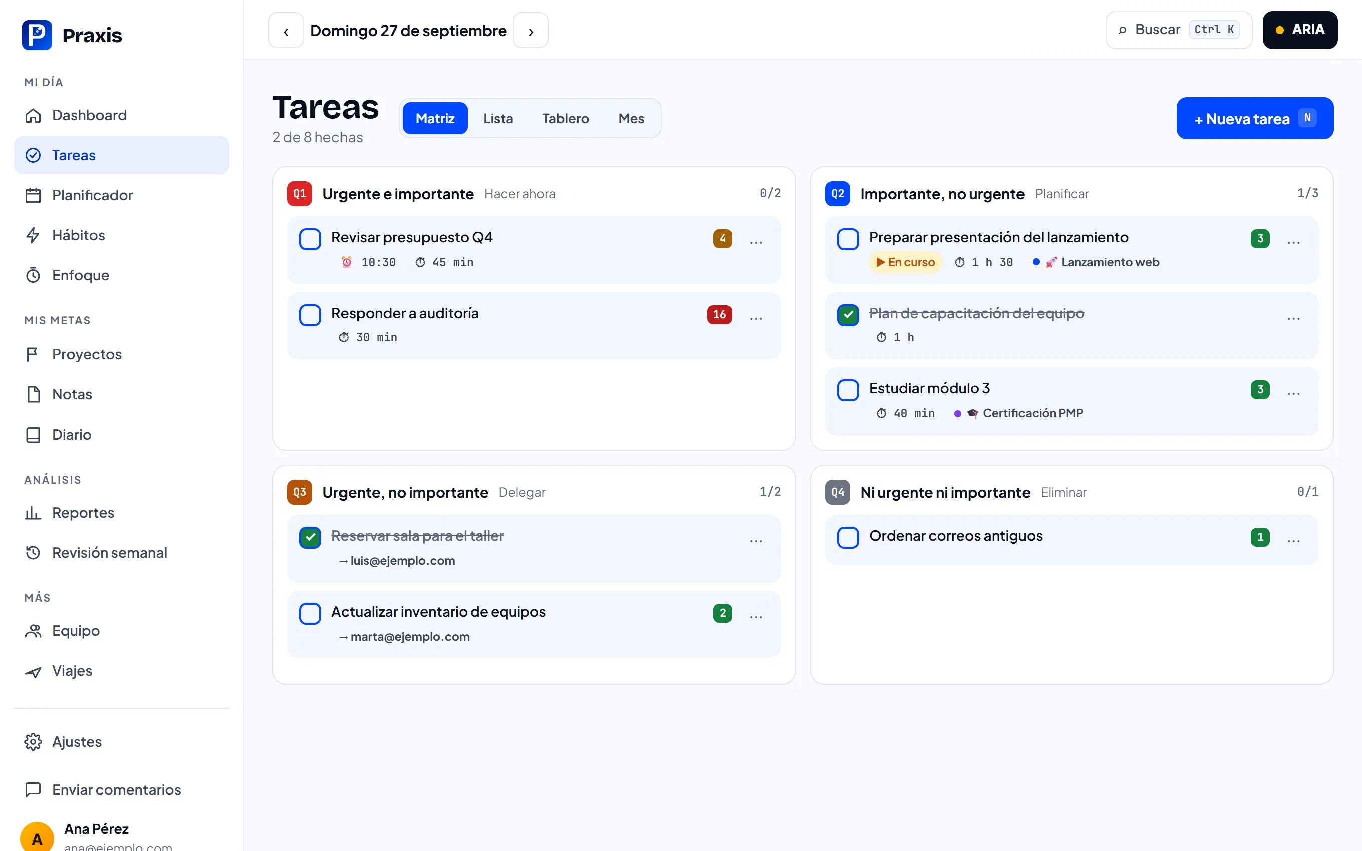 Matriz de tareas en cuatro cuadrantes, con duración estimada, proyecto y tareas delegadas por correo
