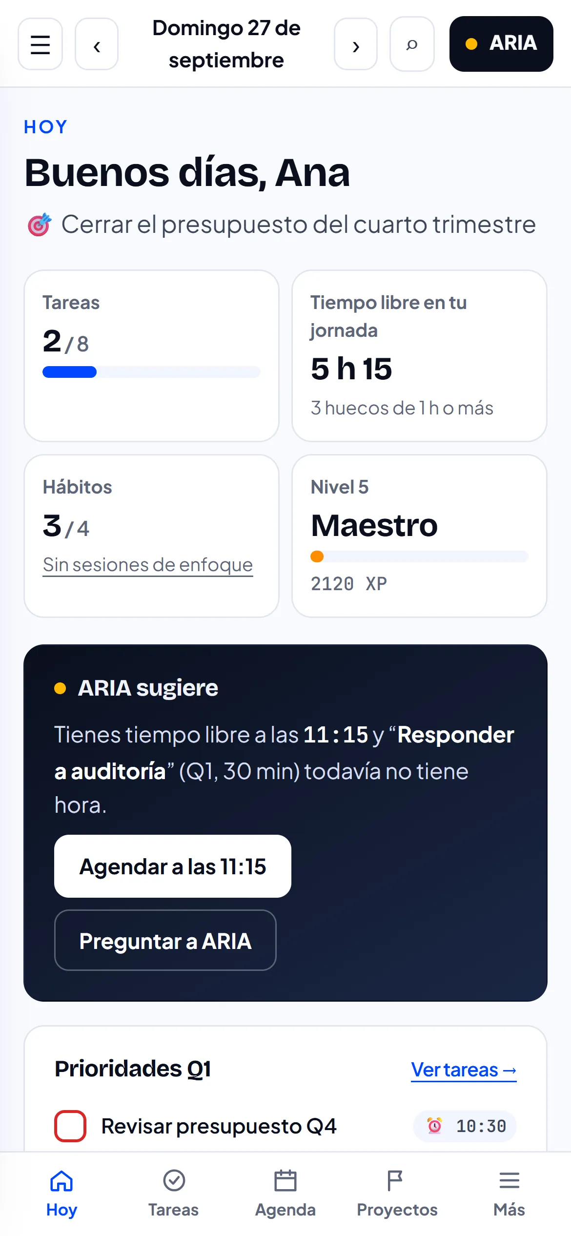 Pantalla Hoy de Praxis en el navegador de un celular